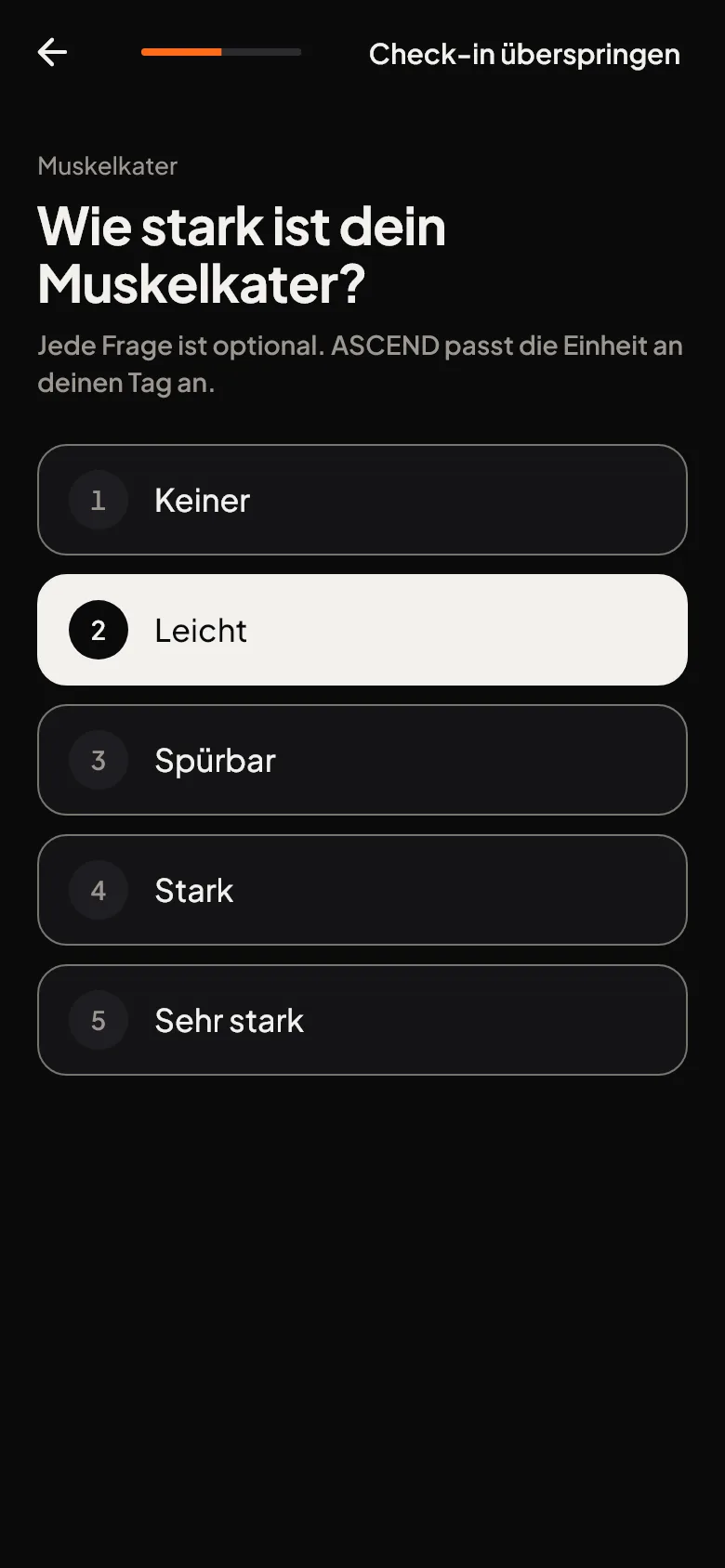 Check-in: Wie stark ist dein Muskelkater? Fünf Antworten in Worten, darunter die Vorschau der Readiness.