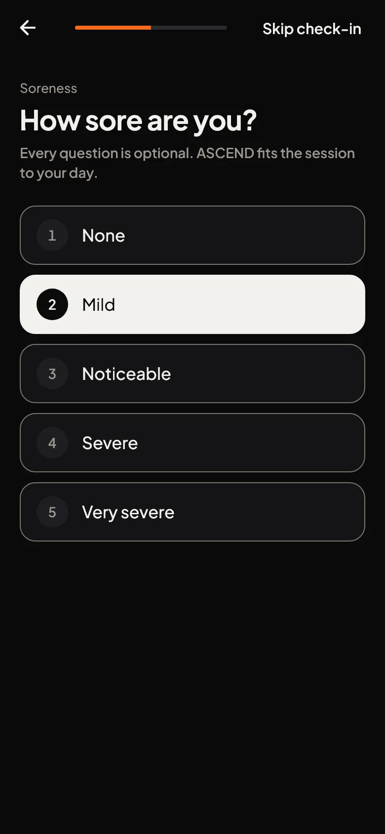 Check-in: How sore are you? Five answers in words, “Mild” selected, below them the readiness preview.