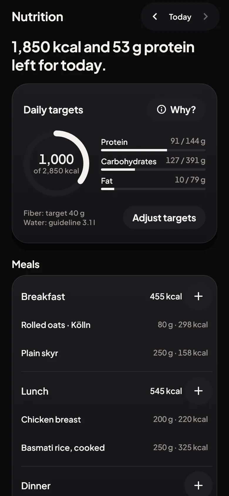 Nutrition: 1,850 kcal and 53 g protein left for today, with daily targets and meals.