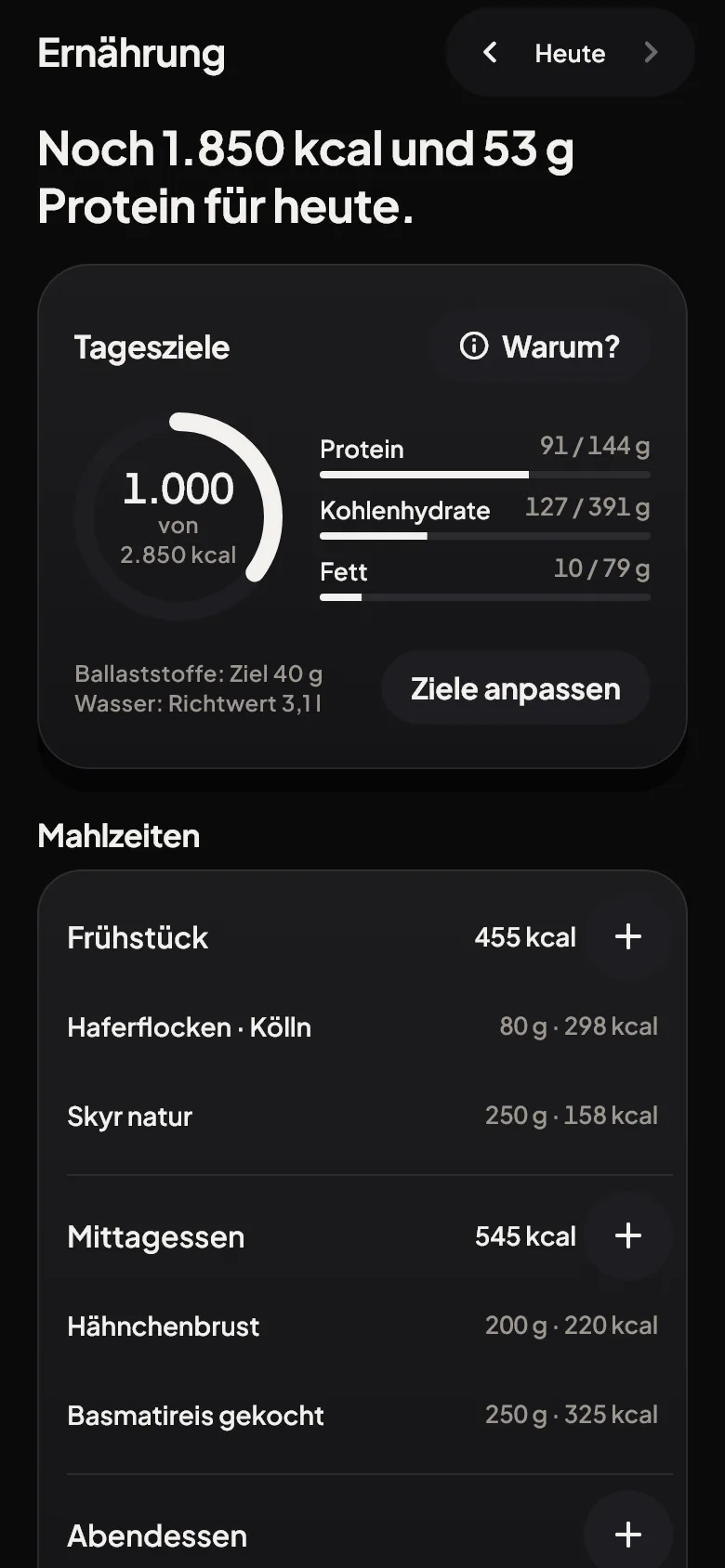 Ernährung: Noch 1.850 kcal und 53 g Protein für heute, mit Tageszielen und Mahlzeiten.